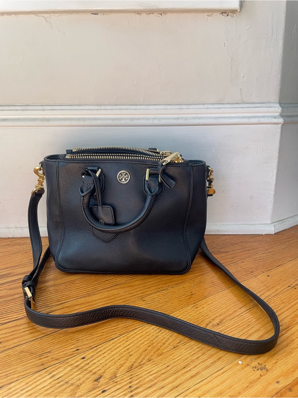 Tory Burch Black Leather Satchel with Gold Hardware
